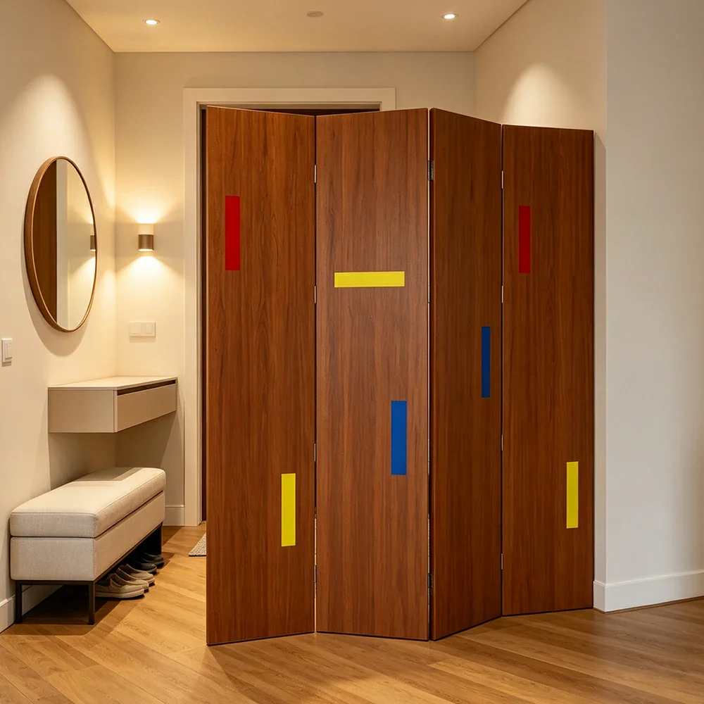 LIVARA 4 Panel Randi Decorative Folding Screen Cherry Wood Finish Modern Geometric Room Divider Privacy Partition for Living Room Bedroom - Cherry - Image 2