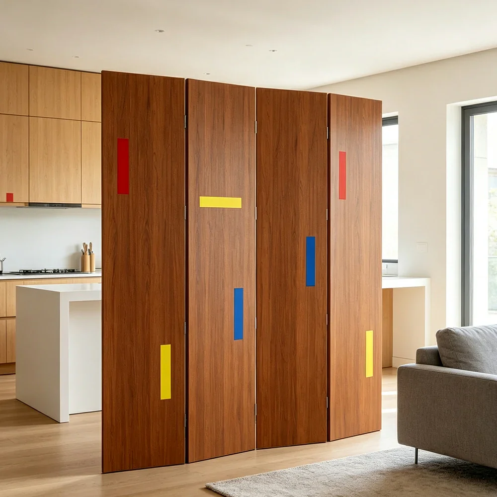 LIVARA 4 Panel Randi Decorative Folding Screen Cherry Wood Finish Modern Geometric Room Divider Privacy Partition for Living Room Bedroom - Cherry - Image 4