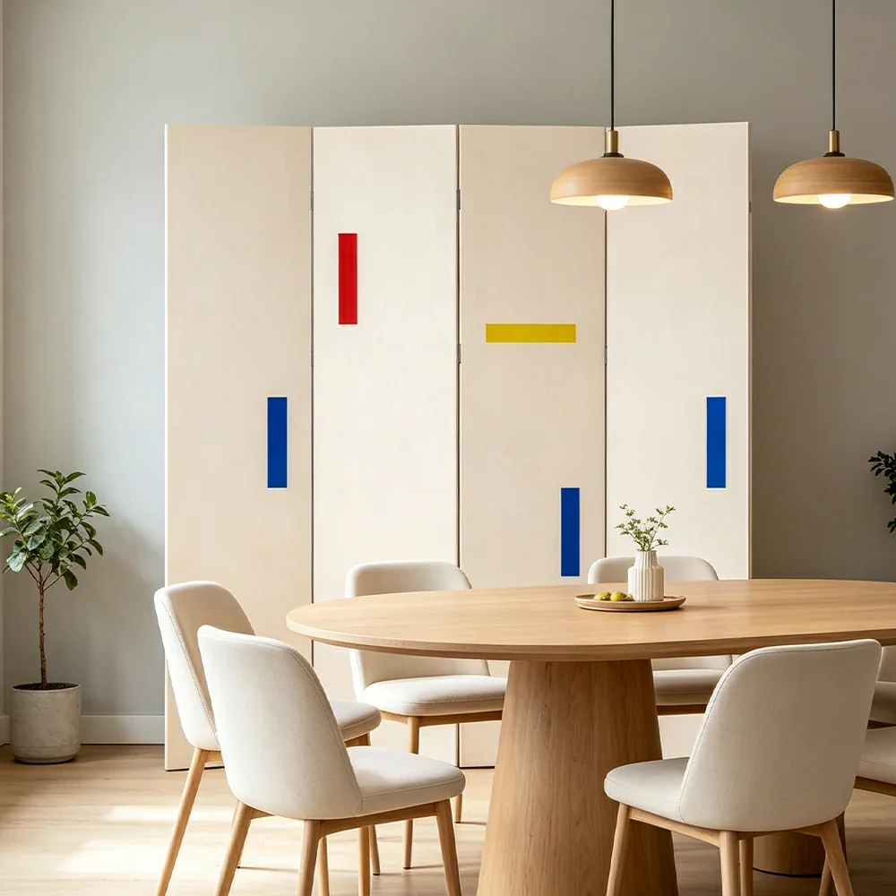 LIVARA 4 Panel Randi Decorative Folding Screen Cherry Wood Finish Modern Geometric Room Divider Privacy Partition for Living Room Bedroom - White - Image 5