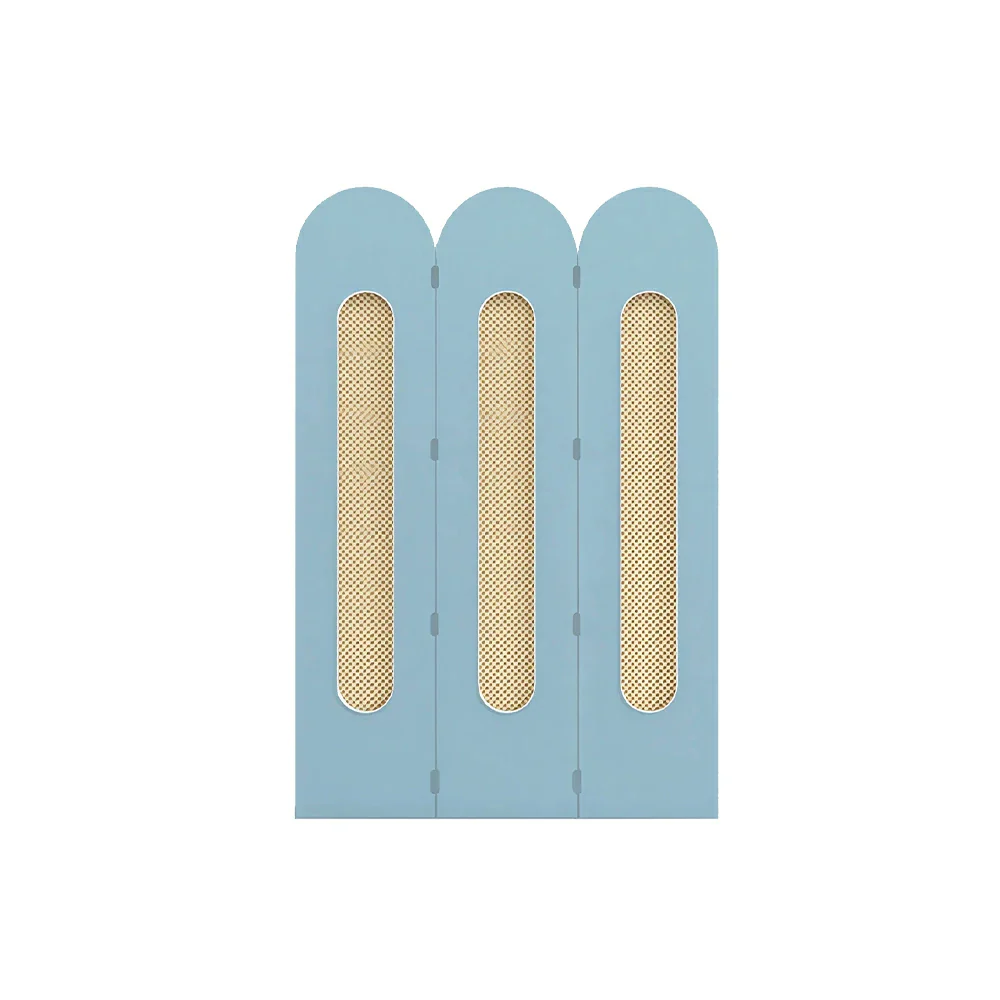 LIVARA 3 Panel Decorative Folding Screen Rattan Cutout Arch Design Room Divider Privacy Partition Modern Natural Style - Blue