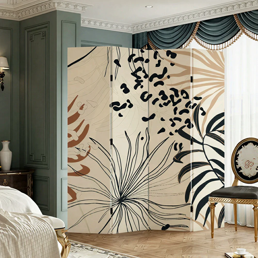 LIVARA 4 Panel Canvas Folding Screen Abstract Botanical Artwork Solid Wood Frame Room Divider Privacy Partition for Living Room - Beige - Image 2