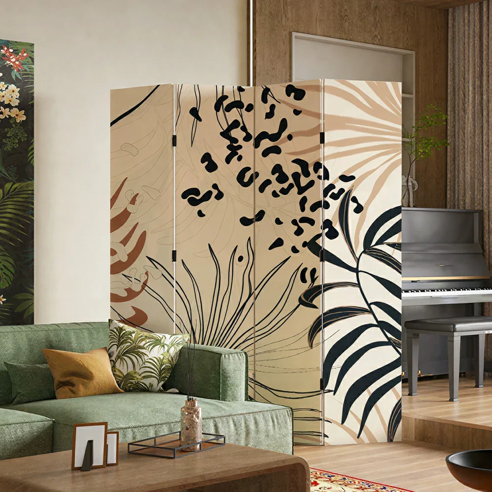 LIVARA 4 Panel Canvas Folding Screen Abstract Botanical Artwork Solid Wood Frame Room Divider Privacy Partition for Living Room - Beige - Image 5