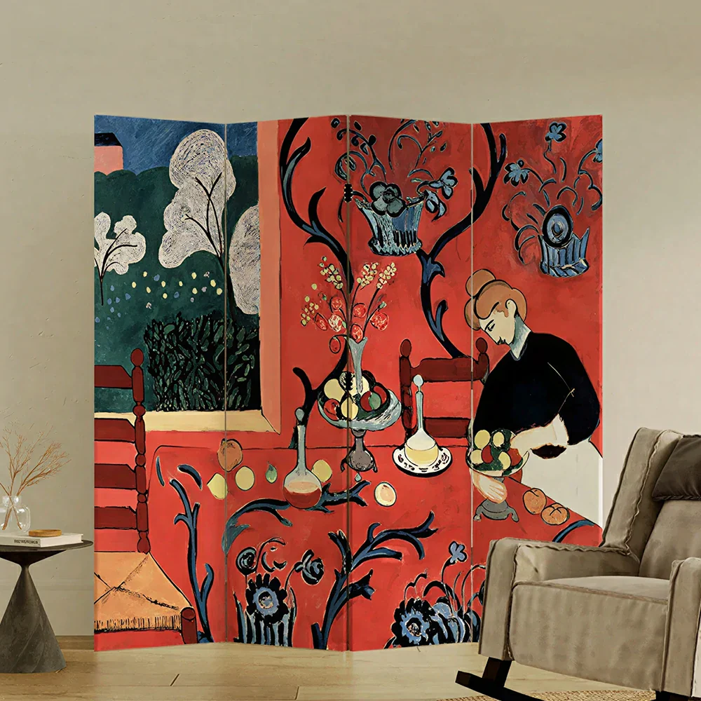 LIVARA 4 Panel Canvas Folding Screen Leopard Artwork Solid Wood Frame Room Divider Privacy Partition for Living Room Bedroom - Red - Image 2