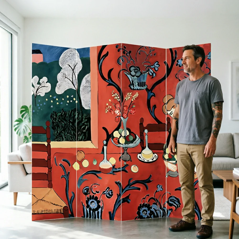 LIVARA 4 Panel Canvas Folding Screen Leopard Artwork Solid Wood Frame Room Divider Privacy Partition for Living Room Bedroom - Red - Image 6