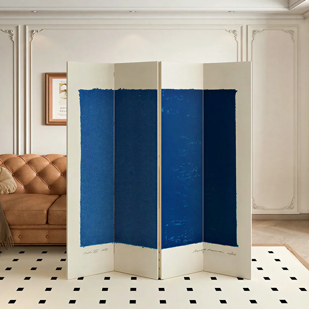 LIVARA 4 Panel Canvas Folding Screen Abstract Blue Artwork Solid Wood Frame Room Divider Privacy Partition for Living Room Bedroom - Blue - Image 2