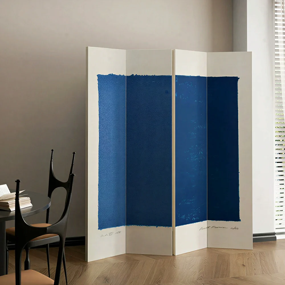 LIVARA 4 Panel Canvas Folding Screen Abstract Blue Artwork Solid Wood Frame Room Divider Privacy Partition for Living Room Bedroom - Blue - Image 4