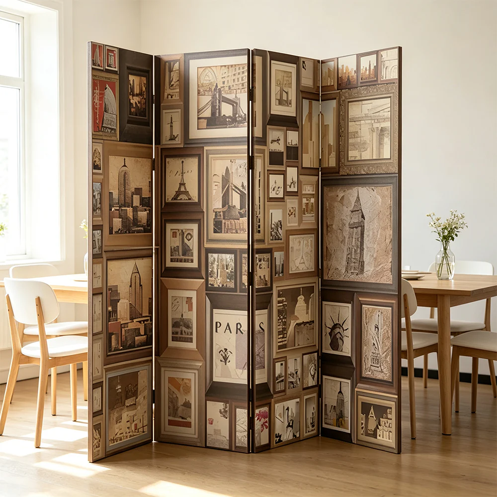 LIVARA 4 Panel Decorative Folding Screen Vintage Gallery Artwork Design Room Divider Privacy Partition for Living Room Bedroom - Brown - Image 2