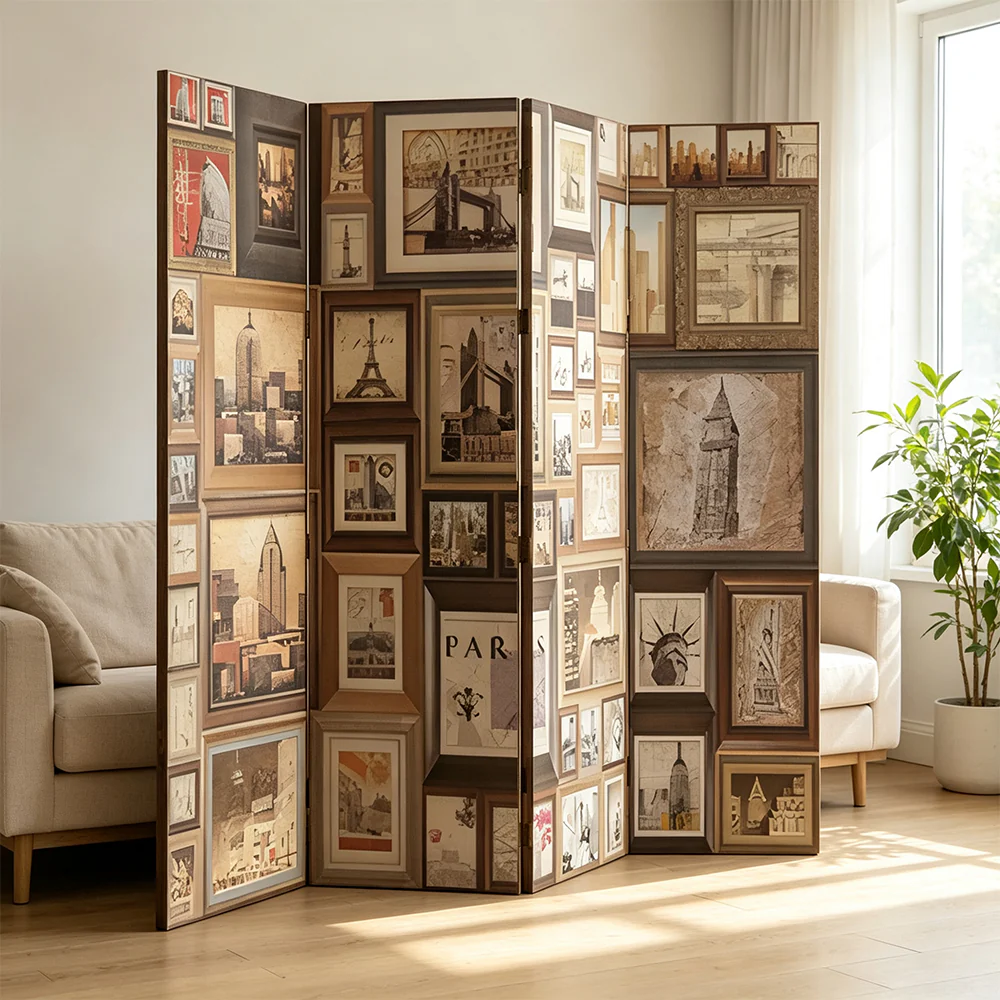 LIVARA 4 Panel Decorative Folding Screen Vintage Gallery Artwork Design Room Divider Privacy Partition for Living Room Bedroom - Brown - Image 4