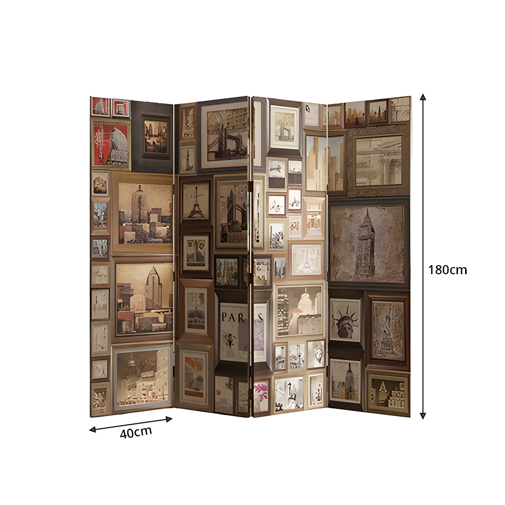LIVARA 4 Panel Decorative Folding Screen Vintage Gallery Artwork Design Room Divider Privacy Partition for Living Room Bedroom - Brown - Image 7