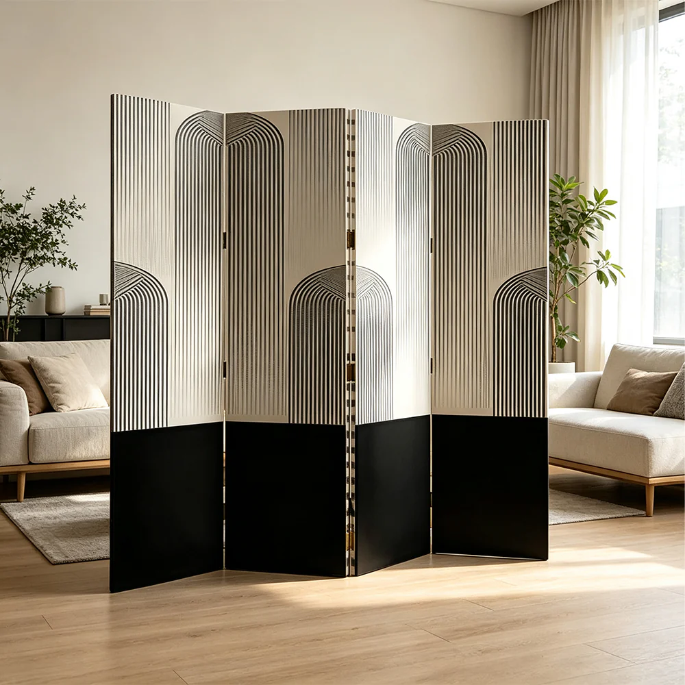 LIVARA 4 Panel Canvas Folding Screen Abstract Geometric Design Privacy Room Divider Modern Art Partition for Living Room Bedroom - Black & White - Image 4