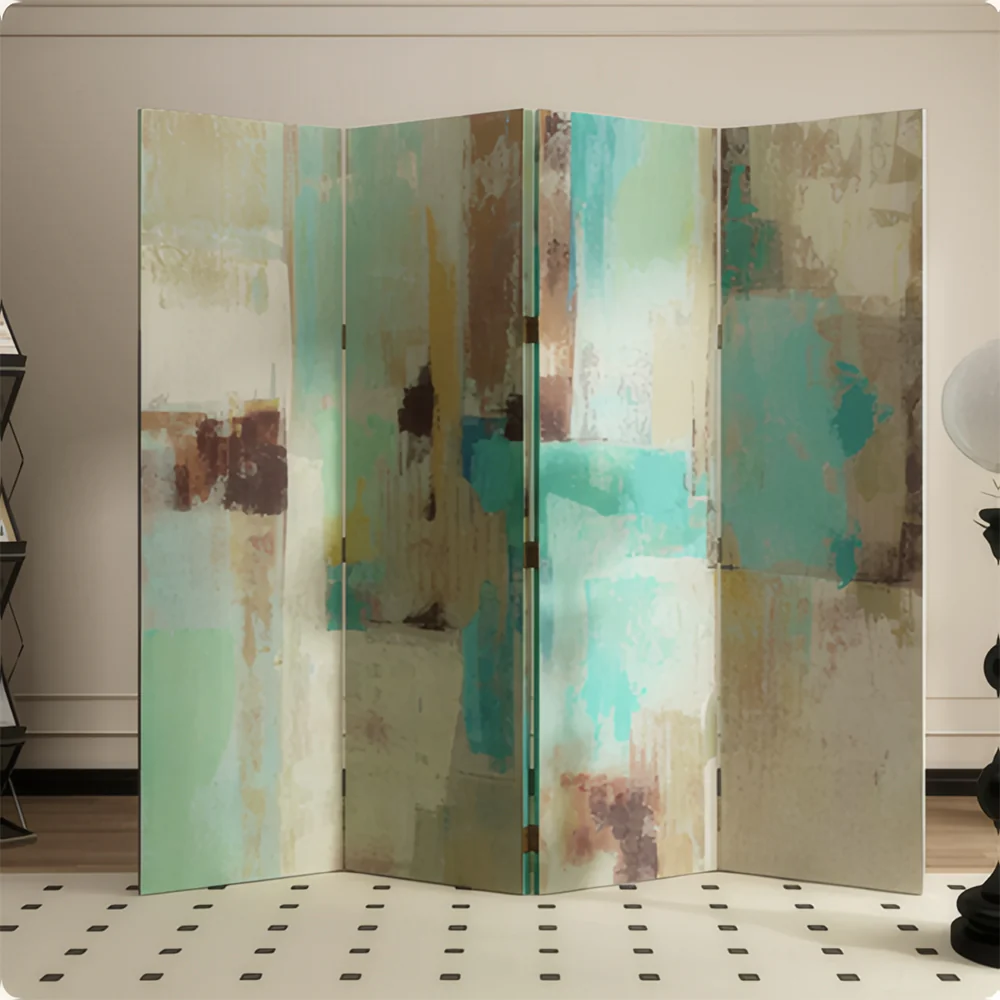 LIVARA 4 Panel Canvas Folding Screen Abstract Art Design Room Divider Privacy Partition Modern Decorative Screen for Living Room - Green & Blue - Image 5
