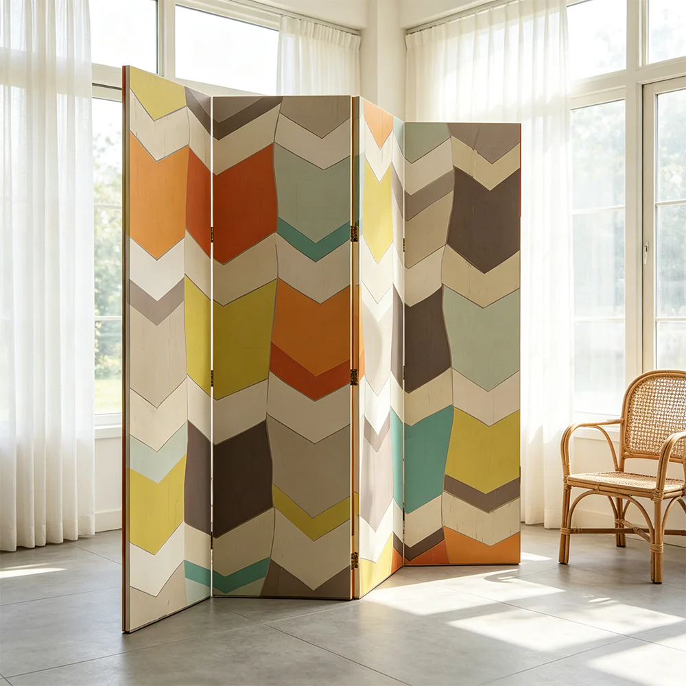 LIVARA 4 Panel Folding Room Divider Geometric Chevron Privacy Screen for Bedroom Living Room - Multicolour - Image 5