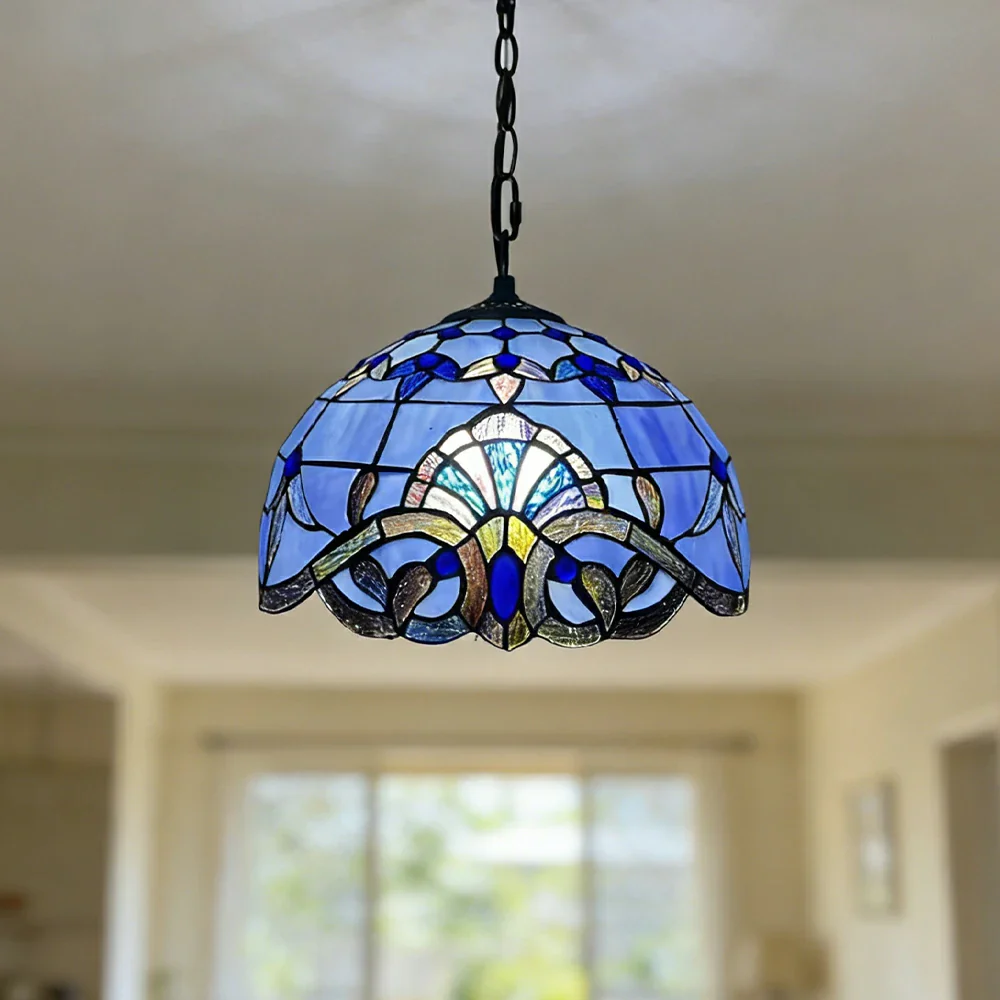LIVARA Tiffany Stained Glass Chandelier Vintage Pendant Light 30x80cm for Dining Room Living Room Bedroom - Blue - Image 2