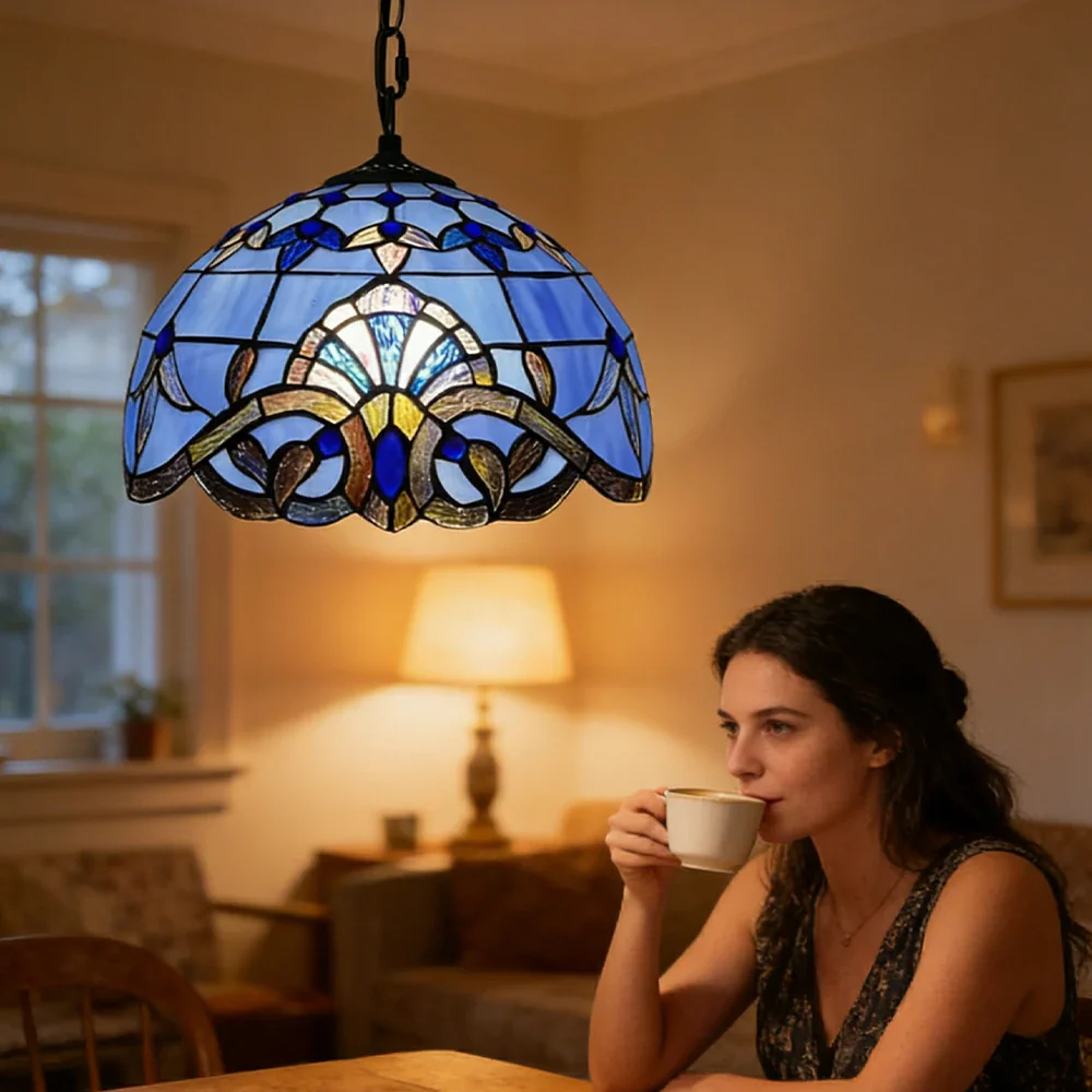 LIVARA Tiffany Stained Glass Chandelier Vintage Pendant Light 30x80cm for Dining Room Living Room Bedroom - Blue - Image 5