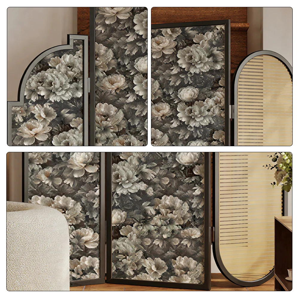 LIVARA 3 Panel Walnut Wood Folding Room Divider with Vintage Floral Print for Living Room Bedroom - Walnut & Black - Image 3