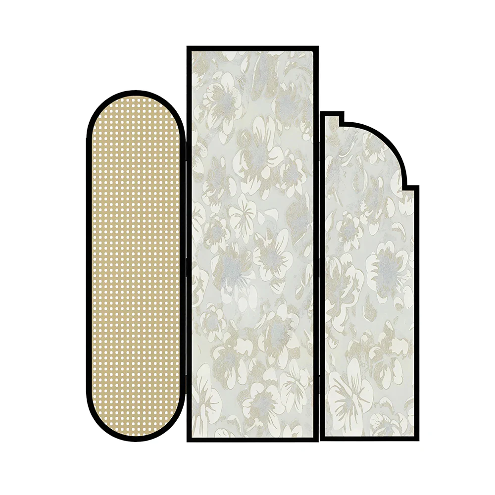 LIVARA 3 Panel Folding Room Divider with Rattan & Floral Fabric for Living Room Bedroom - Black & Ivory