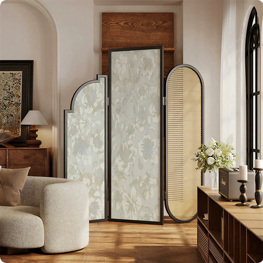 LIVARA 3 Panel Folding Room Divider with Rattan & Floral Fabric for Living Room Bedroom - Black & Ivory - Image 4