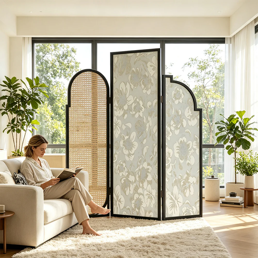 LIVARA 3 Panel Folding Room Divider with Rattan & Floral Fabric for Living Room Bedroom - Black & Ivory - Image 6