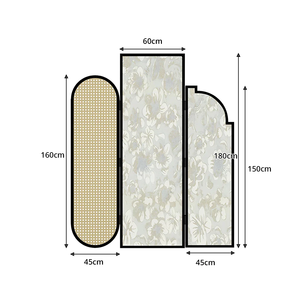 LIVARA 3 Panel Folding Room Divider with Rattan & Floral Fabric for Living Room Bedroom - Black & Ivory - Image 7