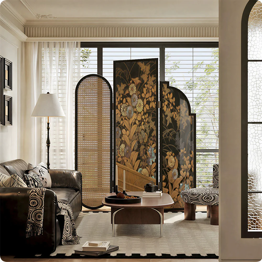 LIVARA 3 Panel Folding Room Divider with Rattan & Vintage Floral Print for Living Room Bedroom - Walnut & Yellow - Image 2