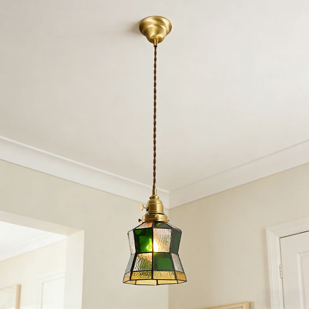 LIVARA Tiffany Stained Glass Pendant Light Vintage Brass Head Design for Dining Room Bedroom Living Room - Dark Green - Image 4