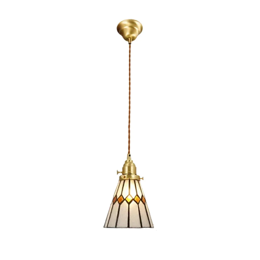 LIVARA Tiffany Stained Glass Pendant Light Diamond Pattern Brass Head Design for Dining Room Bedroom Living Room - Yellow
