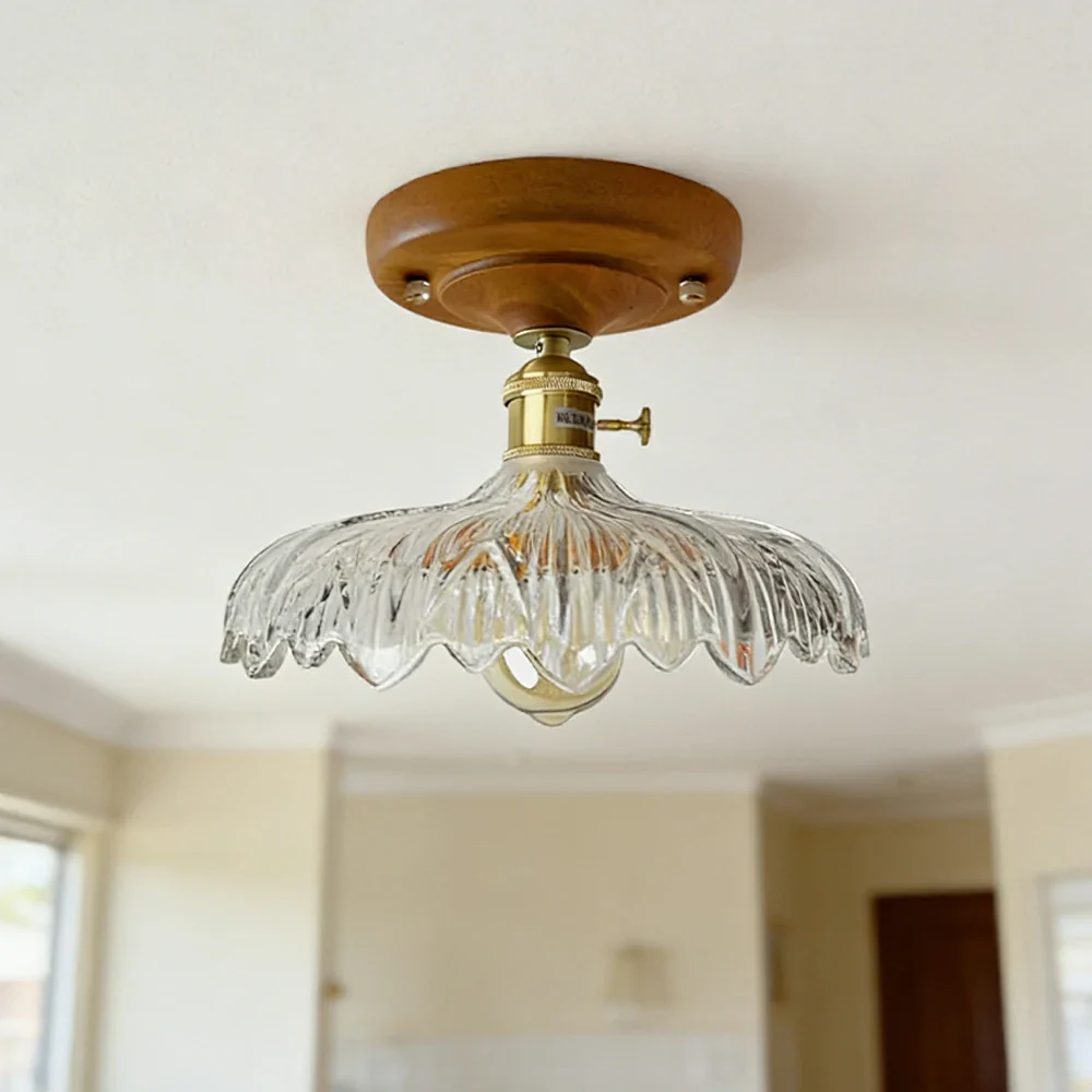 LIVARA Vintage Glass Ceiling Light 6W Warm LED Solid Wood Base Carved Floral Design 24x22cm for Bedroom Hallway Entry - Image 2