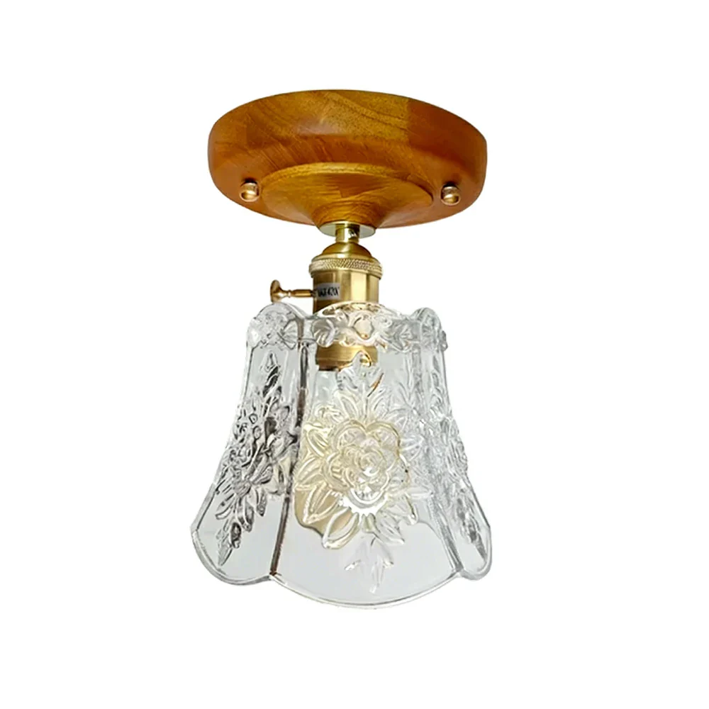 LIVARA Vintage Glass Ceiling Light 6W Warm LED Solid Wood Base Bell Shape Design 24x22cm for Bedroom Hallway Entry