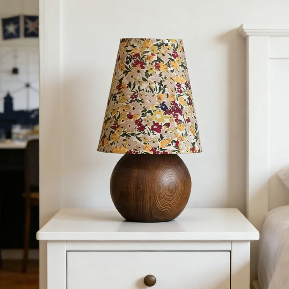 LIVARA Vintage Table Lamp 40W Edison Bulb Ash Wood Base Floral Shade Button Switch Design for Bedroom Living Room - Yellow - Image 2