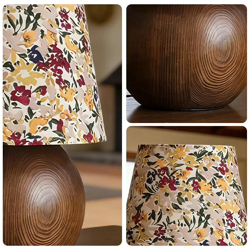 LIVARA Vintage Table Lamp 40W Edison Bulb Ash Wood Base Floral Shade Button Switch Design for Bedroom Living Room - Yellow - Image 3