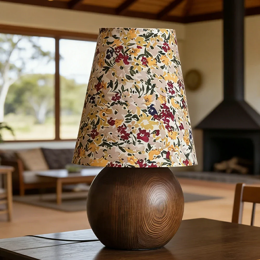 LIVARA Vintage Table Lamp 40W Edison Bulb Ash Wood Base Floral Shade Button Switch Design for Bedroom Living Room - Yellow - Image 4