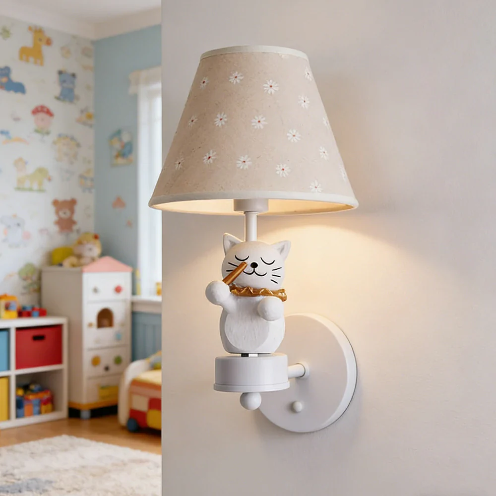 LIVARA Vintage Wall Light Conductor Design LED Bulb Included Fabric Shade Elegant Style for Bedroom Hallway Living Room - White - Image 4