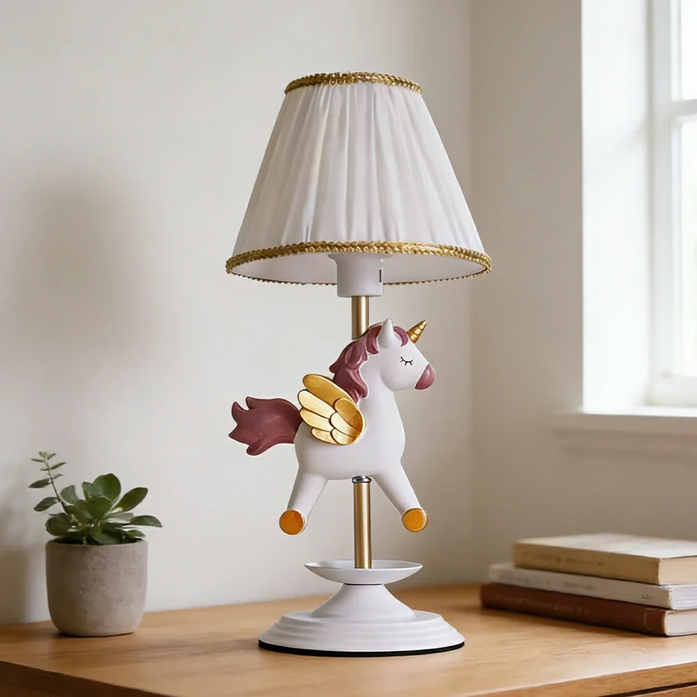 LIVARA Vintage Table Lamp Unicorn Design LED Bulb Included Fabric Shade Elegant Style for Bedroom Living Room - White - Image 2