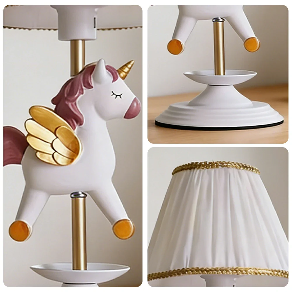 LIVARA Vintage Table Lamp Unicorn Design LED Bulb Included Fabric Shade Elegant Style for Bedroom Living Room - White - Image 3