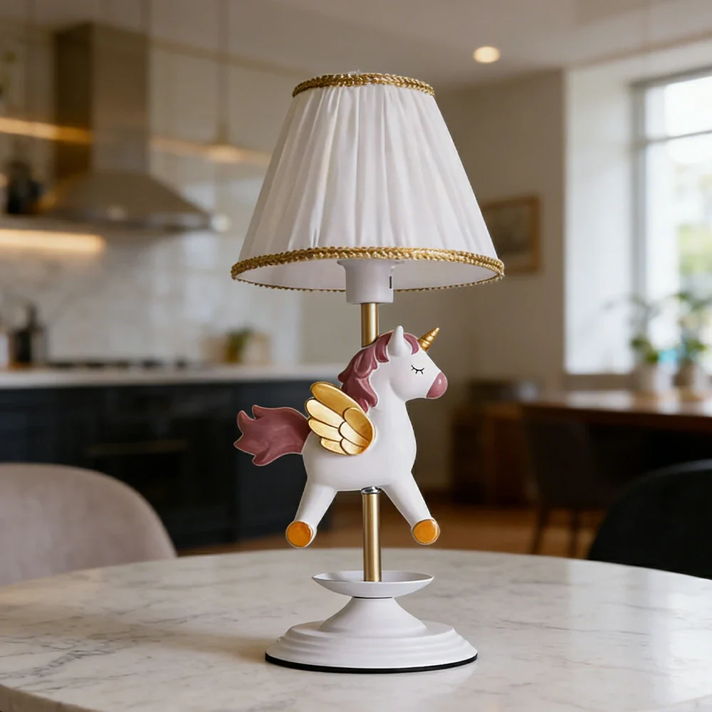 LIVARA Vintage Table Lamp Unicorn Design LED Bulb Included Fabric Shade Elegant Style for Bedroom Living Room - White - Image 4