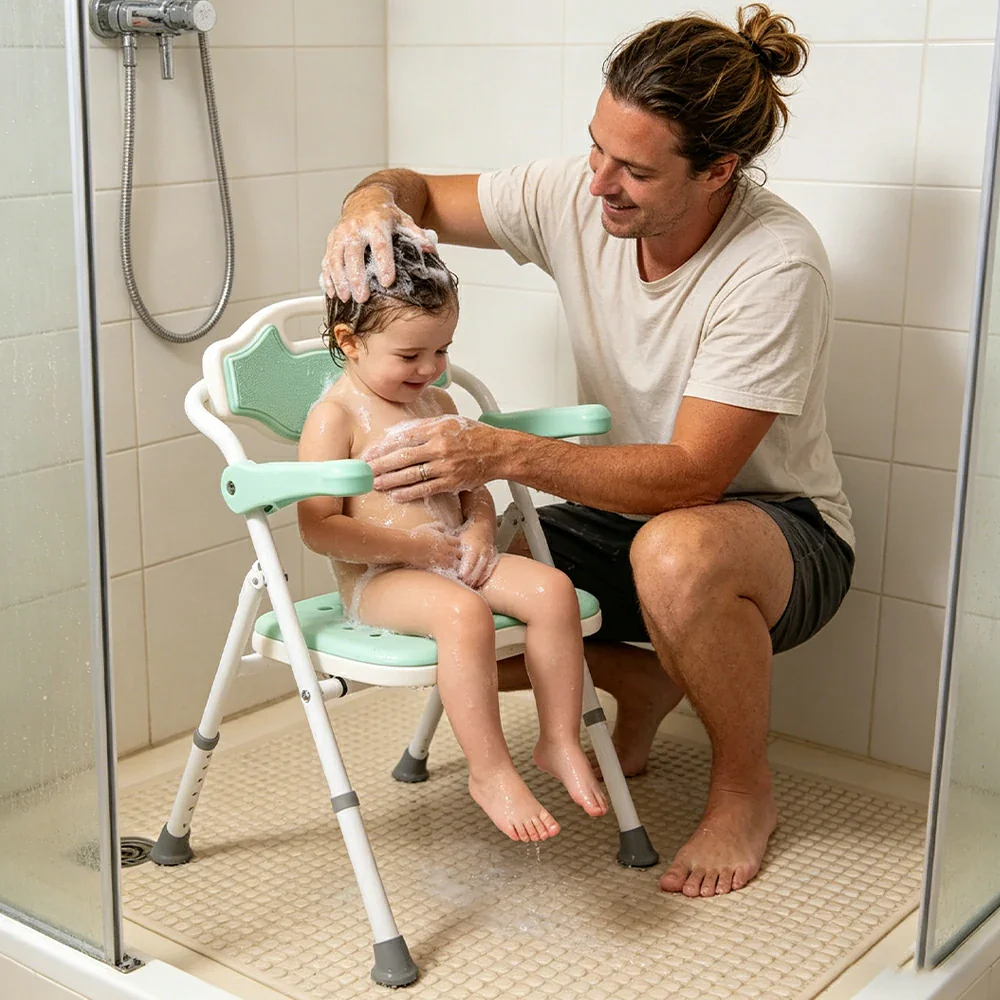 LIVARA Shower Chair Adjustable Height EVA Seat Foldable Armrests Anti-Slip Aluminum Frame for Elderly Bathroom Safety - Green - Image 5