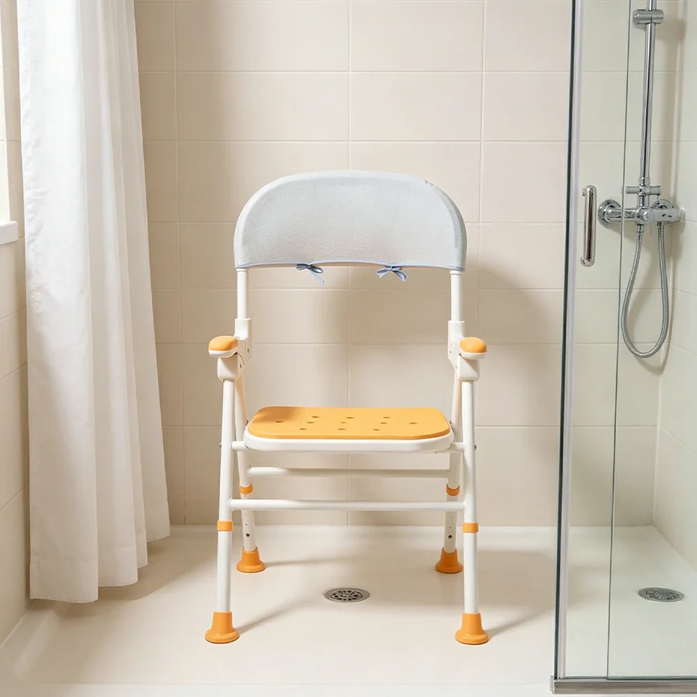 LIVARA Shower Chair with Back Scrubber Adjustable Height EVA Seat Foldable Armrests Anti-Slip Aluminum Frame for Elderly Bathroom Safety - Yellow - Image 2