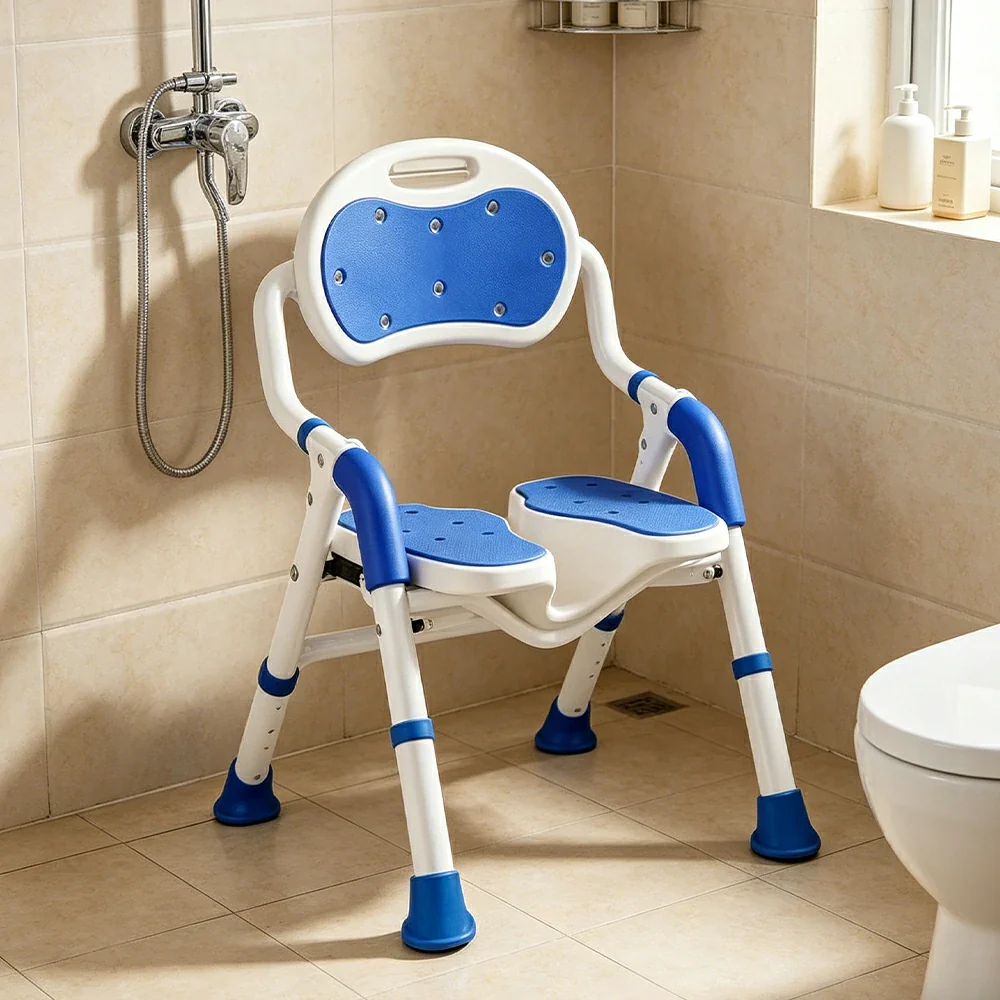 LIVARA Foldable Shower Chair with EVA Cushion PE Waterproof Seat Drainage Holes Anti-Slip Feet for Elderly Pregnant Bathroom Use - Blue - Image 4
