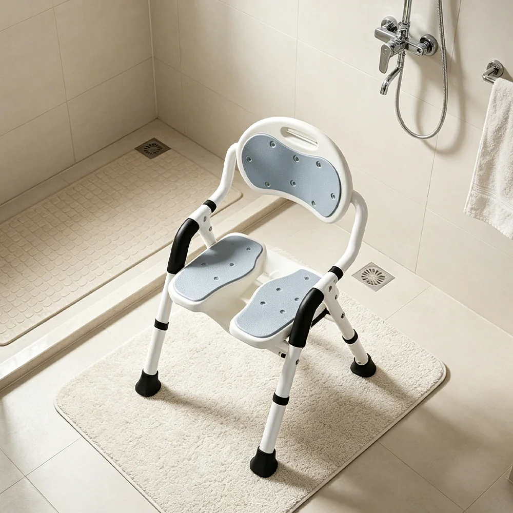 LIVARA Foldable Shower Chair with EVA Cushion PE Waterproof Seat Drainage Holes Anti-Slip Feet for Elderly Pregnant Bathroom Use - Grey - Image 2