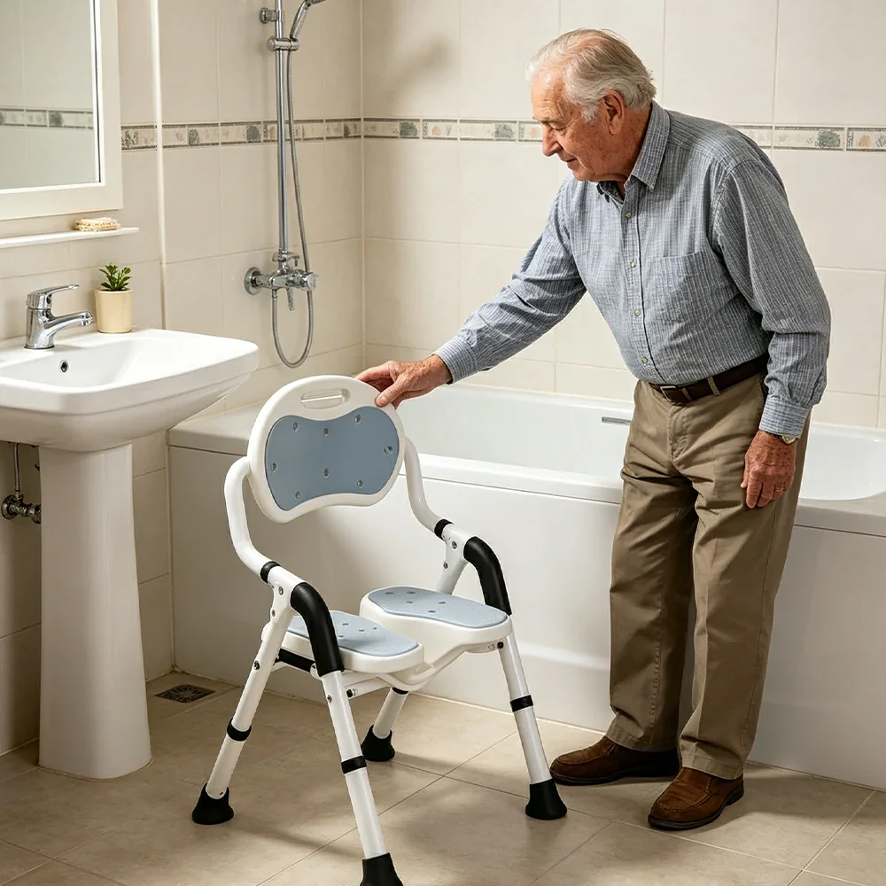 LIVARA Foldable Shower Chair with EVA Cushion PE Waterproof Seat Drainage Holes Anti-Slip Feet for Elderly Pregnant Bathroom Use - Grey - Image 5
