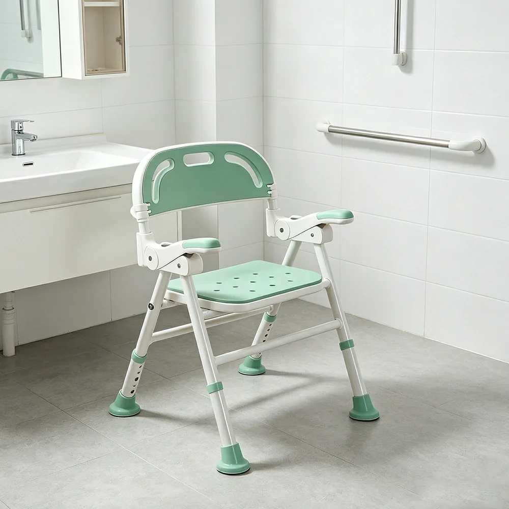 LIVARA Wide Foldable Shower Chair Extra-wide Seat EVA Cushion Triangular Support Anti-slip Feet for Elderly Pregnant Bathroom Home Use - Green - Image 4