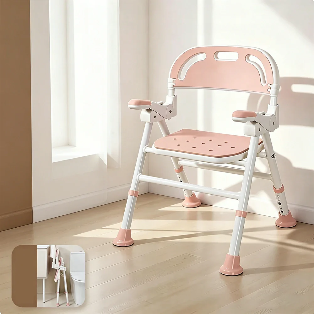 LIVARA Wide Foldable Shower Chair Extra-wide Seat EVA Cushion Triangular Support Anti-slip Feet for Elderly Pregnant Bathroom Home Use - Pink - Image 2