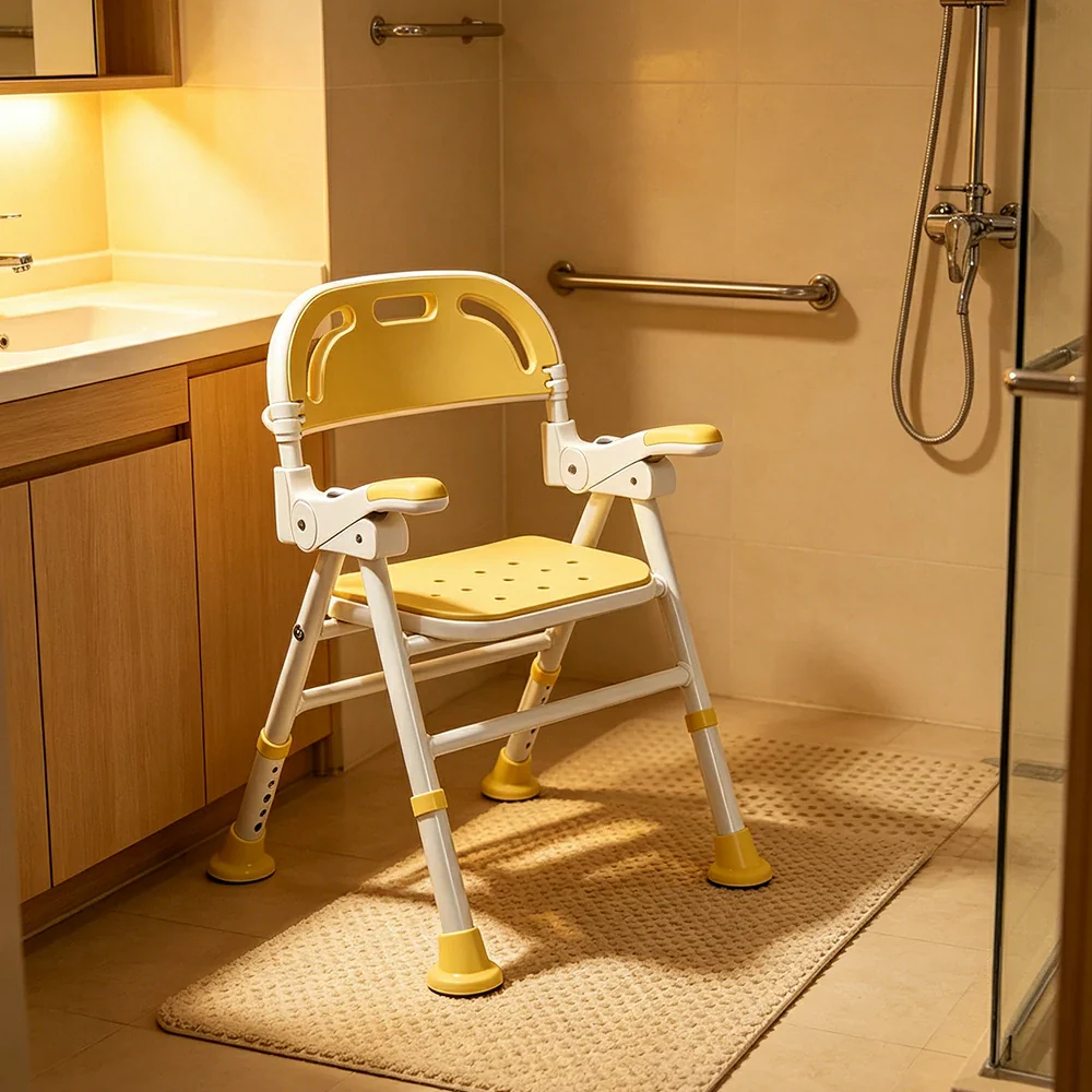 LIVARA Wide Foldable Shower Chair Extra-wide Seat EVA Cushion Triangular Support Anti-slip Feet for Elderly Pregnant Bathroom Home Use - Yellow - Image 4