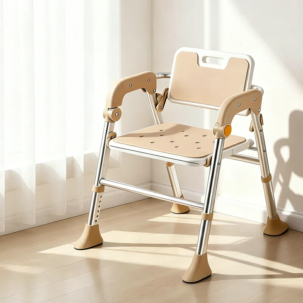 LIVARA Foldable Shower Chair Large Backrest EVA Cushion Triangular Support Anti-slip Feet for Elderly Pregnant Bathroom Home Use - Brown - Image 2