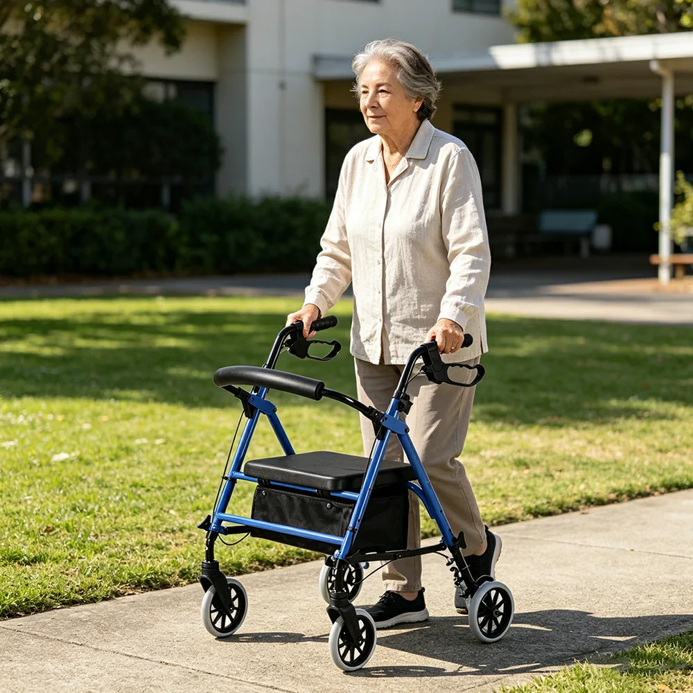 LIVARA Multifunctional Walker with Dual Brakes and Foldable Design for Stable Elderly Home and Outdoor Support - Blue - Image 7