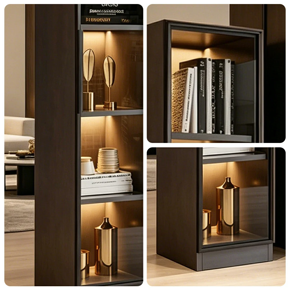 LIVARA 5-Tier Display Cabinet - Tempered Glass Door Storage with LED Lighting & Slim Space-Saving Design for Living Room - Light Grey - Image 3