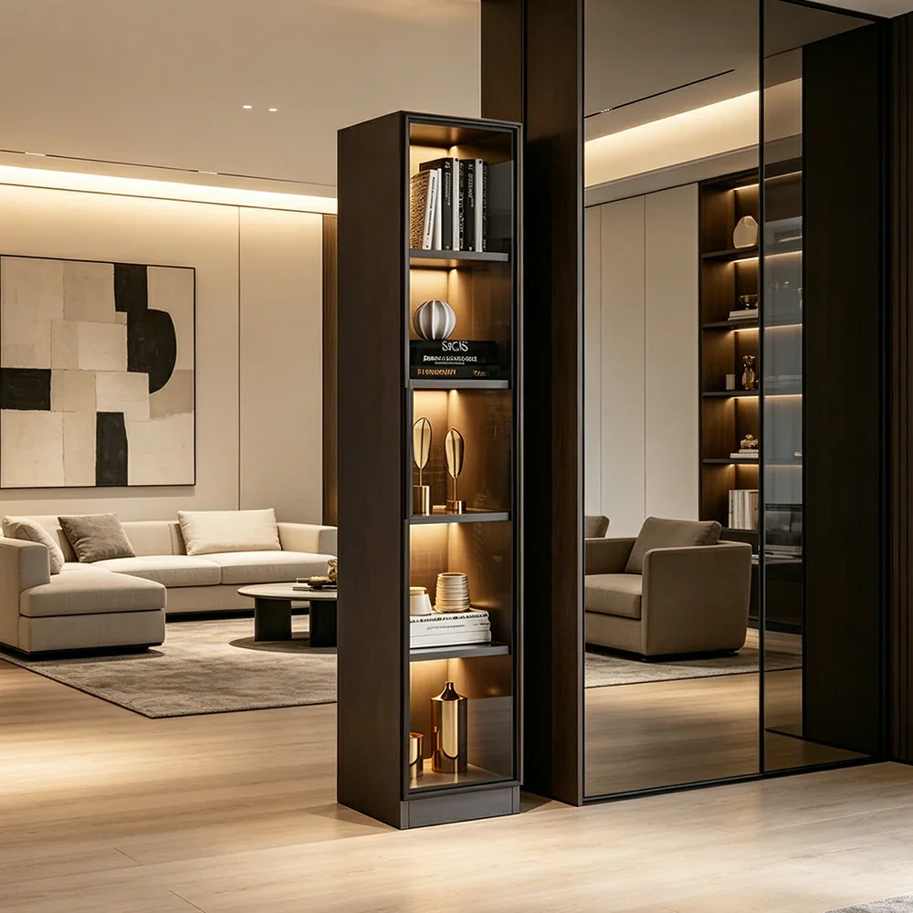 LIVARA 5-Tier Display Cabinet - Tempered Glass Door Storage with LED Lighting & Slim Space-Saving Design for Living Room - Light Grey - Image 4