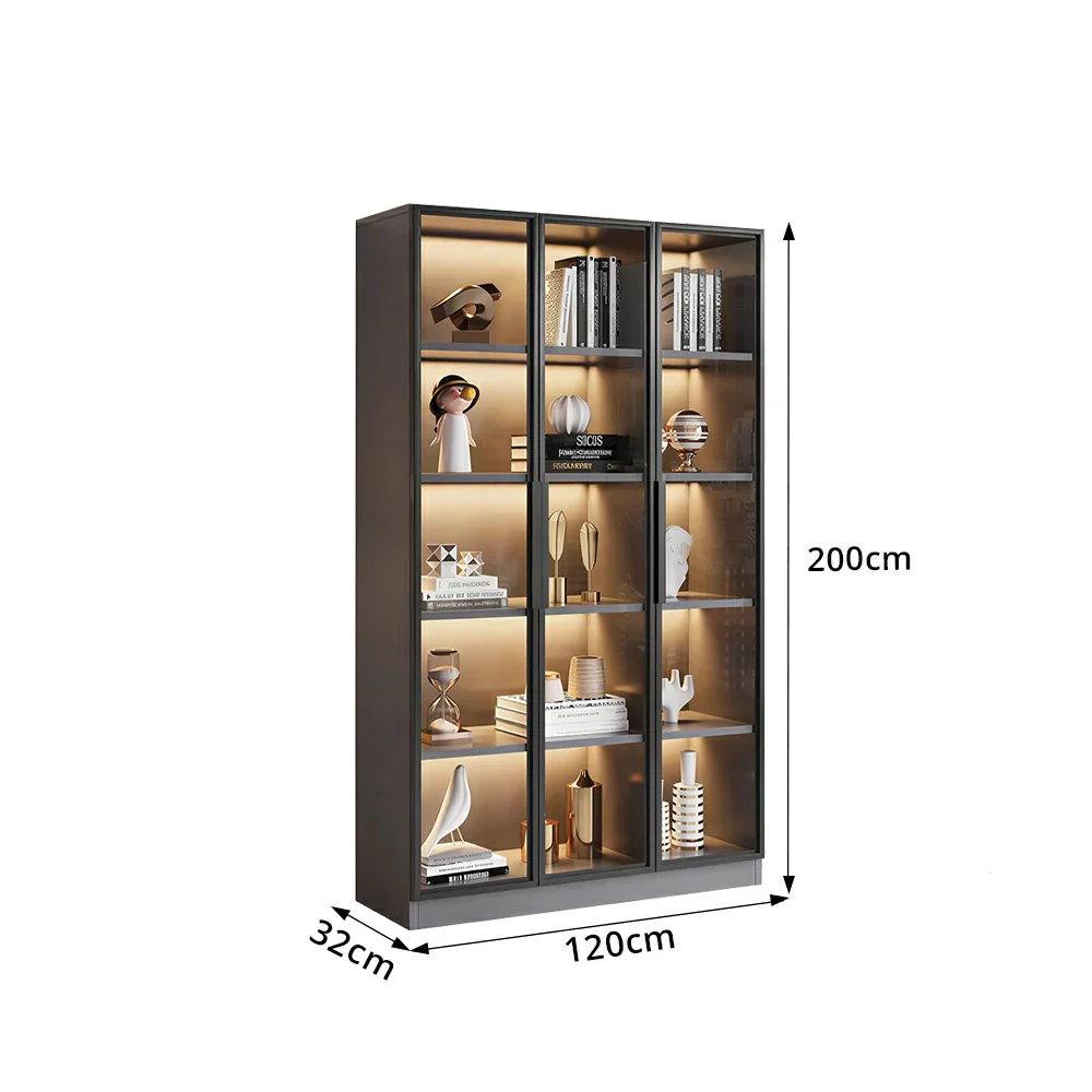 LIVARA 90/120cm 5-Tier Display Cabinet - Triple Door Tempered Glass Storage with LED Lighting for Living Room - Light Grey - Image 9