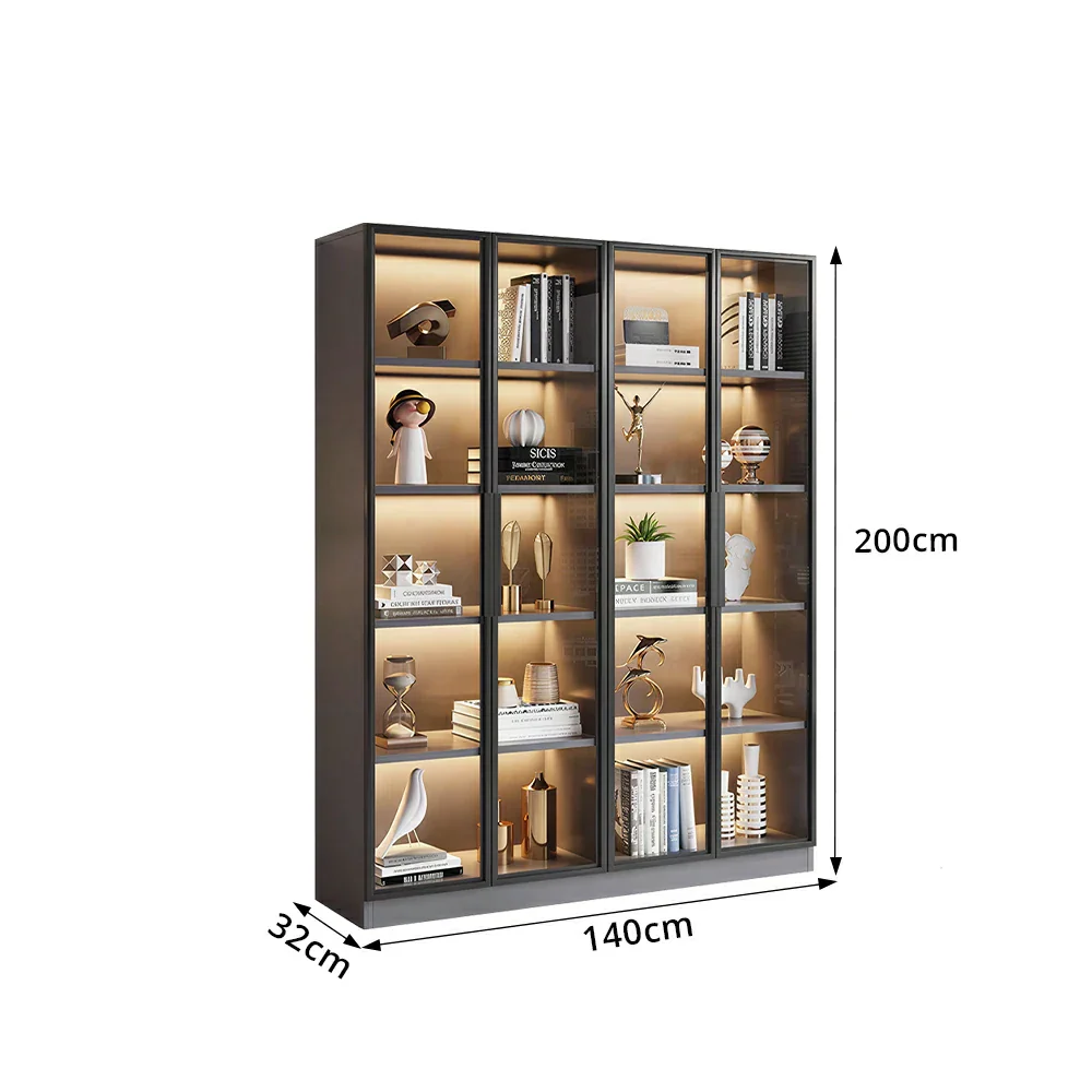LIVARA 140/180cm 5-Tier Display Cabinet - Four Door Tempered Glass Storage with LED Lighting for Living Room - Light Grey - Image 8