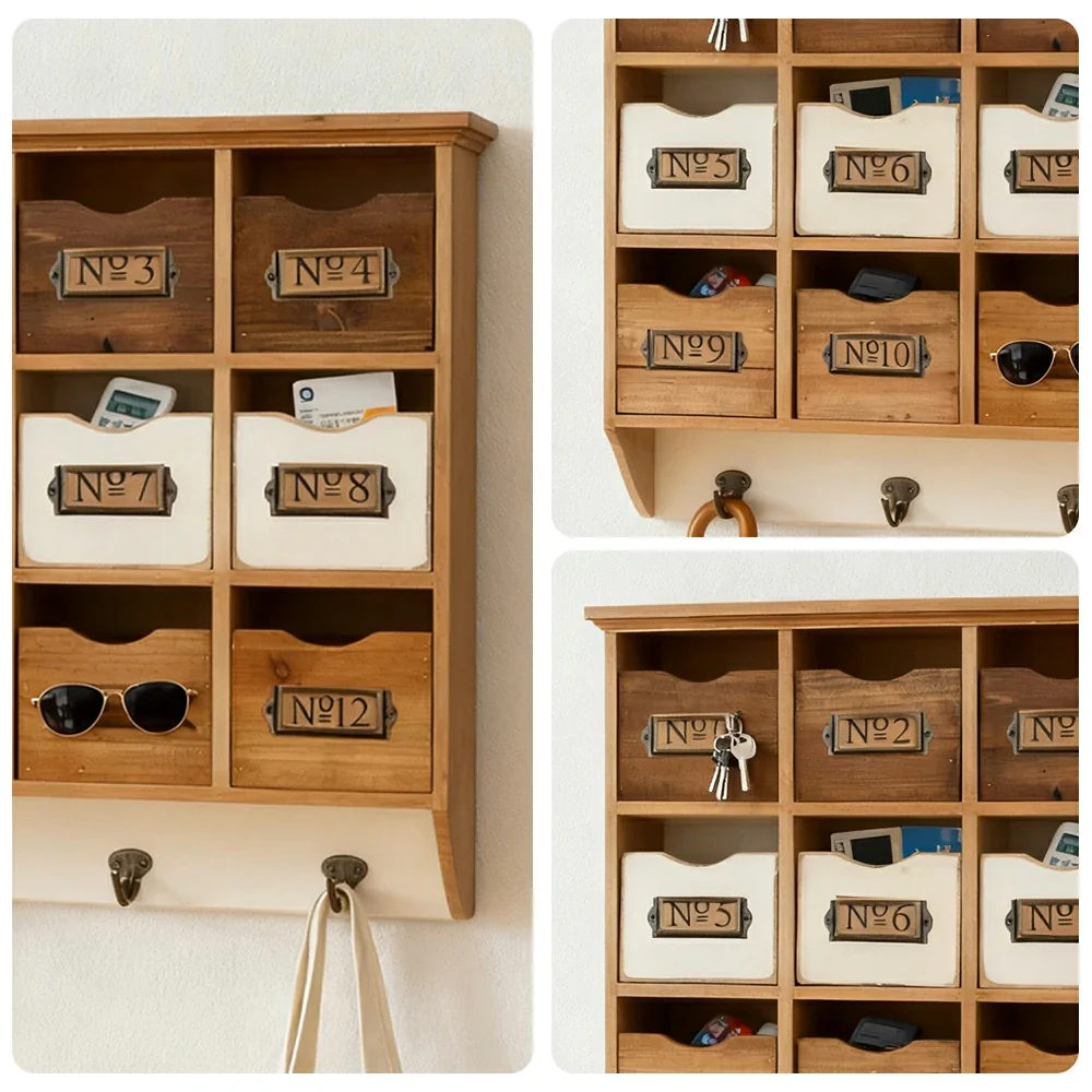 LIVARA Rustic Wall Mounted Storage Cabinet 12 Drawer Organizer Solid Spruce Wood Vintage Cabinet with Numbered Label Holders - Image 3